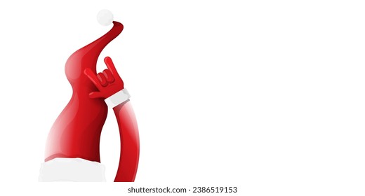 Merry christmas horizontal banner with Santa Claus rock n roll style and santa red hat isolated on white background. Merry Christmas hipster Rock n roll party poster or flyer design template.