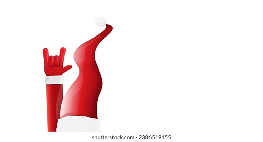 Merry christmas horizontal banner with Santa Claus rock n roll style and santa red hat isolated on white background. Merry Christmas hipster Rock n roll party poster or flyer design template.
