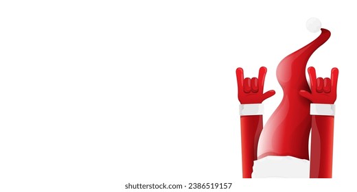 Merry christmas horizontal banner with Santa Claus rock n roll style and santa red hat isolated on white background. Merry Christmas hipster Rock n roll party poster or flyer design template.