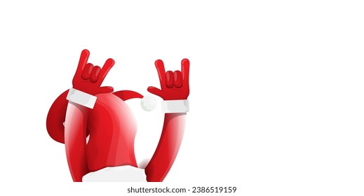 Merry christmas horizontal banner with Santa Claus rock n roll style and santa red hat isolated on white background. Merry Christmas hipster Rock n roll party poster or flyer design template.