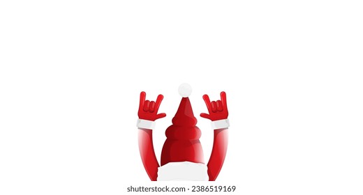 Merry christmas horizontal banner with Santa Claus rock n roll style and santa red hat isolated on white background. Merry Christmas hipster Rock n roll party poster or flyer design template.