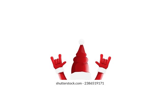 Merry christmas horizontal banner with Santa Claus rock n roll style and santa red hat isolated on white background. Merry Christmas hipster Rock n roll party poster or flyer design template.