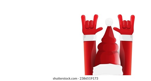 Merry christmas horizontal banner with Santa Claus rock n roll style and santa red hat isolated on white background. Merry Christmas hipster Rock n roll party poster or flyer design template.