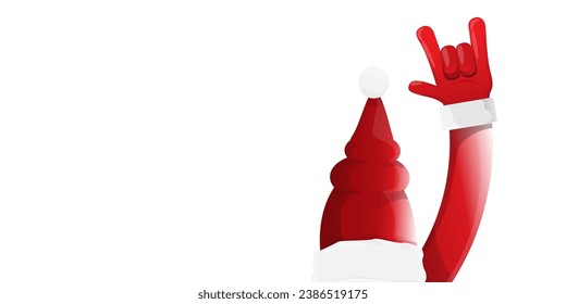 Merry christmas horizontal banner with Santa Claus rock n roll style and santa red hat isolated on white background. Merry Christmas hipster Rock n roll party poster or flyer design template.