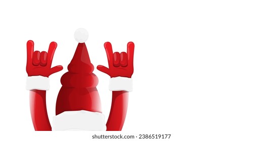 Merry christmas horizontal banner with Santa Claus rock n roll style and santa red hat isolated on white background. Merry Christmas hipster Rock n roll party poster or flyer design template.