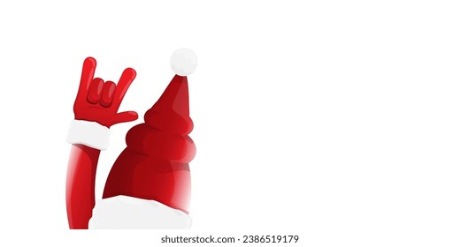 Merry christmas horizontal banner with Santa Claus rock n roll style and santa red hat isolated on white background. Merry Christmas hipster Rock n roll party poster or flyer design template.