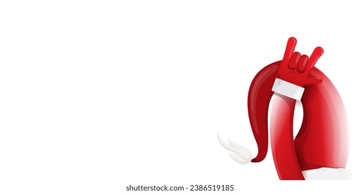 Merry christmas horizontal banner with Santa Claus rock n roll style and santa red hat isolated on white background. Merry Christmas hipster Rock n roll party poster or flyer design template.