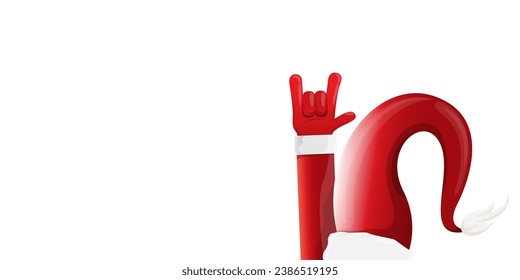 Merry christmas horizontal banner with Santa Claus rock n roll style and santa red hat isolated on white background. Merry Christmas hipster Rock n roll party poster or flyer design template.