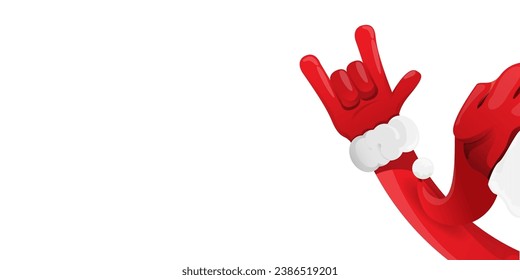 Merry christmas horizontal banner with Santa Claus rock n roll style and santa red hat isolated on white background. Merry Christmas hipster Rock n roll party poster or flyer design template.