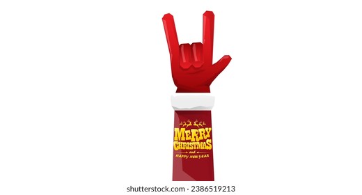 Merry christmas horizontal banner with Santa Claus rock n roll style and santa red hat isolated on white background. Merry Christmas hipster Rock n roll party poster or flyer design template.
