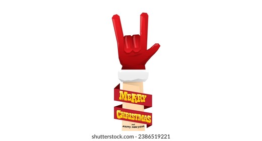 Merry christmas horizontal banner with Santa Claus rock n roll style and santa red hat isolated on white background. Merry Christmas hipster Rock n roll party poster or flyer design template.