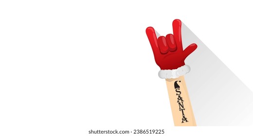 Merry christmas horizontal banner with Santa Claus rock n roll style and santa red hat isolated on white background. Merry Christmas hipster Rock n roll party poster or flyer design template.