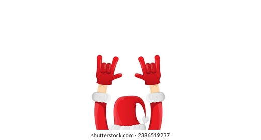 Merry christmas horizontal banner with Santa Claus rock n roll style and santa red hat isolated on white background. Merry Christmas hipster Rock n roll party poster or flyer design template.