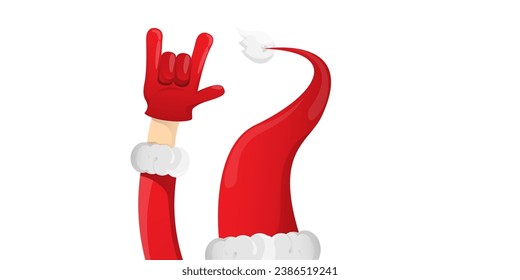 Merry christmas horizontal banner with Santa Claus rock n roll style and santa red hat isolated on white background. Merry Christmas hipster Rock n roll party poster or flyer design template.