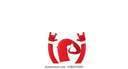 Merry christmas horizontal banner with Santa Claus rock n roll style and santa red hat isolated on white background. Merry Christmas hipster Rock n roll party poster or flyer design template.