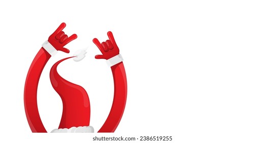 Merry christmas horizontal banner with Santa Claus rock n roll style and santa red hat isolated on white background. Merry Christmas hipster Rock n roll party poster or flyer design template.