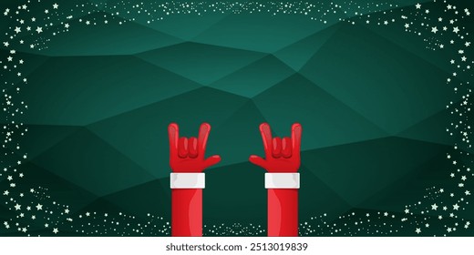 Merry christmas horizontal banner with Santa Claus rock n roll style and santa red hat isolated on green background with stars. Merry Christmas hipster Rock n roll party poster, flyer design template.