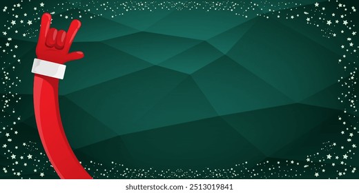 Merry christmas horizontal banner with Santa Claus rock n roll style and santa red hat isolated on green background with stars. Merry Christmas hipster Rock n roll party poster, flyer design template.