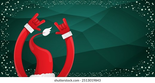 Merry christmas horizontal banner with Santa Claus rock n roll style and santa red hat isolated on green background with stars. Merry Christmas hipster Rock n roll party poster, flyer design template.