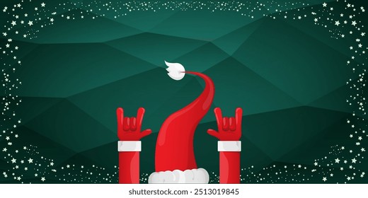 Merry christmas horizontal banner with Santa Claus rock n roll style and santa red hat isolated on green background with stars. Merry Christmas hipster Rock n roll party poster, flyer design template.