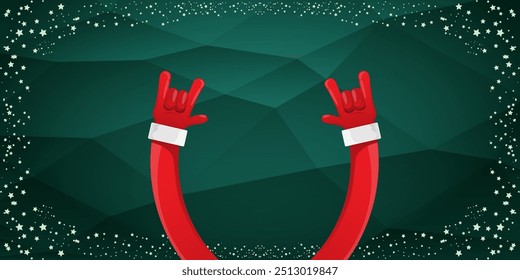 Merry christmas horizontal banner with Santa Claus rock n roll style and santa red hat isolated on green background with stars. Merry Christmas hipster Rock n roll party poster, flyer design template.