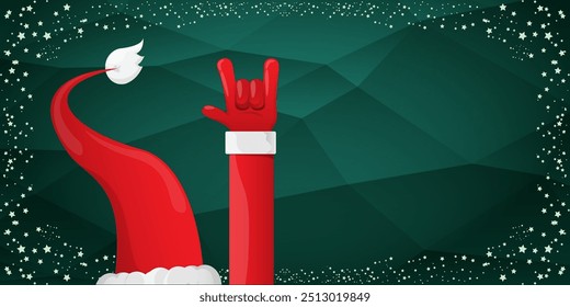 Merry christmas horizontal banner with Santa Claus rock n roll style and santa red hat isolated on green background with stars. Merry Christmas hipster Rock n roll party poster, flyer design template.