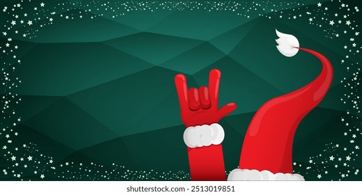 Merry christmas horizontal banner with Santa Claus rock n roll style and santa red hat isolated on green background with stars. Merry Christmas hipster Rock n roll party poster, flyer design template.