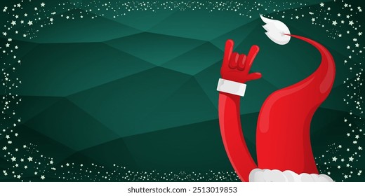 Merry christmas horizontal banner with Santa Claus rock n roll style and santa red hat isolated on green background with stars. Merry Christmas hipster Rock n roll party poster, flyer design template.