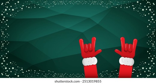 Merry christmas horizontal banner with Santa Claus rock n roll style and santa red hat isolated on green background with stars. Merry Christmas hipster Rock n roll party poster, flyer design template.