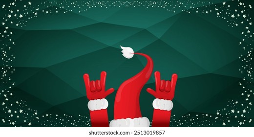 Merry christmas horizontal banner with Santa Claus rock n roll style and santa red hat isolated on green background with stars. Merry Christmas hipster Rock n roll party poster, flyer design template.