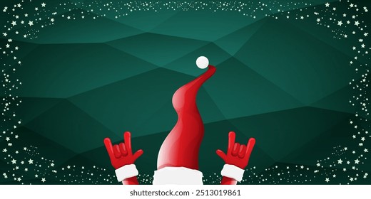 Merry christmas horizontal banner with Santa Claus rock n roll style and santa red hat isolated on green background with stars. Merry Christmas hipster Rock n roll party poster, flyer design template.