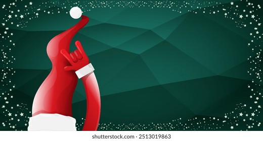 Merry christmas horizontal banner with Santa Claus rock n roll style and santa red hat isolated on green background with stars. Merry Christmas hipster Rock n roll party poster, flyer design template.