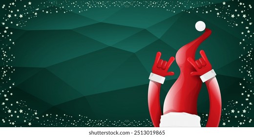 Merry christmas horizontal banner with Santa Claus rock n roll style and santa red hat isolated on green background with stars. Merry Christmas hipster Rock n roll party poster, flyer design template.