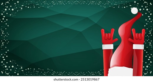 Merry christmas horizontal banner with Santa Claus rock n roll style and santa red hat isolated on green background with stars. Merry Christmas hipster Rock n roll party poster, flyer design template.