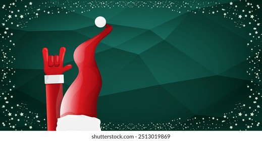 Merry christmas horizontal banner with Santa Claus rock n roll style and santa red hat isolated on green background with stars. Merry Christmas hipster Rock n roll party poster, flyer design template.