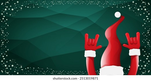 Merry christmas horizontal banner with Santa Claus rock n roll style and santa red hat isolated on green background with stars. Merry Christmas hipster Rock n roll party poster, flyer design template.