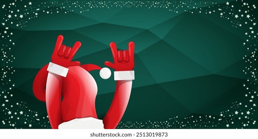 Merry christmas horizontal banner with Santa Claus rock n roll style and santa red hat isolated on green background with stars. Merry Christmas hipster Rock n roll party poster, flyer design template.