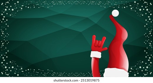 Merry christmas horizontal banner with Santa Claus rock n roll style and santa red hat isolated on green background with stars. Merry Christmas hipster Rock n roll party poster, flyer design template.