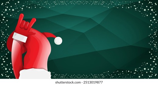 Merry christmas horizontal banner with Santa Claus rock n roll style and santa red hat isolated on green background with stars. Merry Christmas hipster Rock n roll party poster, flyer design template.