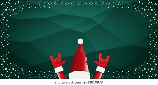 Merry christmas horizontal banner with Santa Claus rock n roll style and santa red hat isolated on green background with stars. Merry Christmas hipster Rock n roll party poster, flyer design template.