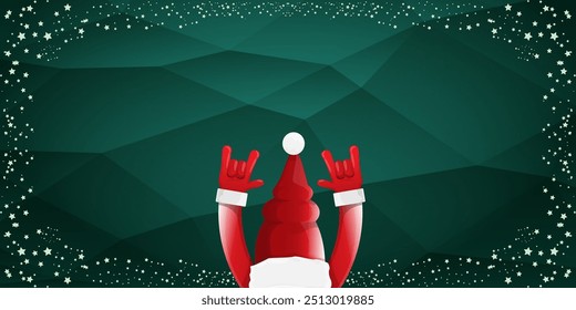 Merry christmas horizontal banner with Santa Claus rock n roll style and santa red hat isolated on green background with stars. Merry Christmas hipster Rock n roll party poster, flyer design template.