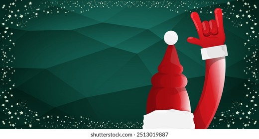 Merry christmas horizontal banner with Santa Claus rock n roll style and santa red hat isolated on green background with stars. Merry Christmas hipster Rock n roll party poster, flyer design template.