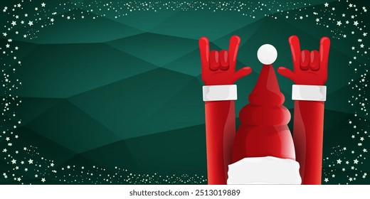 Merry christmas horizontal banner with Santa Claus rock n roll style and santa red hat isolated on green background with stars. Merry Christmas hipster Rock n roll party poster, flyer design template.