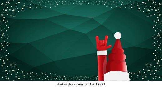 Merry christmas horizontal banner with Santa Claus rock n roll style and santa red hat isolated on green background with stars. Merry Christmas hipster Rock n roll party poster, flyer design template.