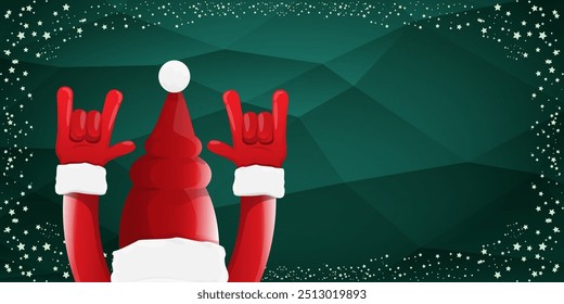 Merry christmas horizontal banner with Santa Claus rock n roll style and santa red hat isolated on green background with stars. Merry Christmas hipster Rock n roll party poster, flyer design template.