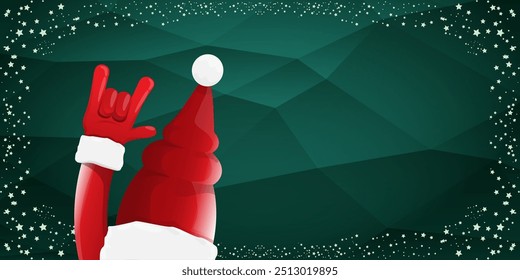 Merry christmas horizontal banner with Santa Claus rock n roll style and santa red hat isolated on green background with stars. Merry Christmas hipster Rock n roll party poster, flyer design template.