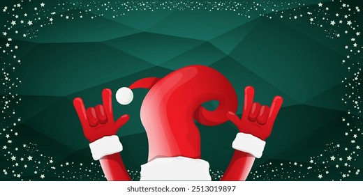 Merry christmas horizontal banner with Santa Claus rock n roll style and santa red hat isolated on green background with stars. Merry Christmas hipster Rock n roll party poster, flyer design template.