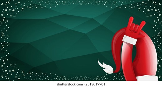 Merry christmas horizontal banner with Santa Claus rock n roll style and santa red hat isolated on green background with stars. Merry Christmas hipster Rock n roll party poster, flyer design template.