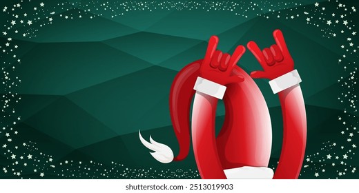 Merry christmas horizontal banner with Santa Claus rock n roll style and santa red hat isolated on green background with stars. Merry Christmas hipster Rock n roll party poster, flyer design template.