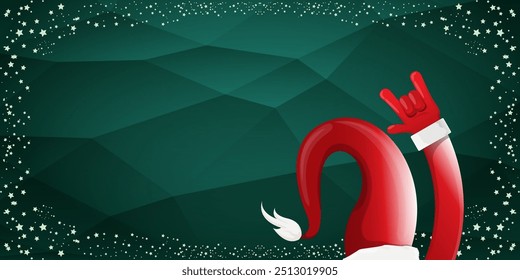 Merry christmas horizontal banner with Santa Claus rock n roll style and santa red hat isolated on green background with stars. Merry Christmas hipster Rock n roll party poster, flyer design template.